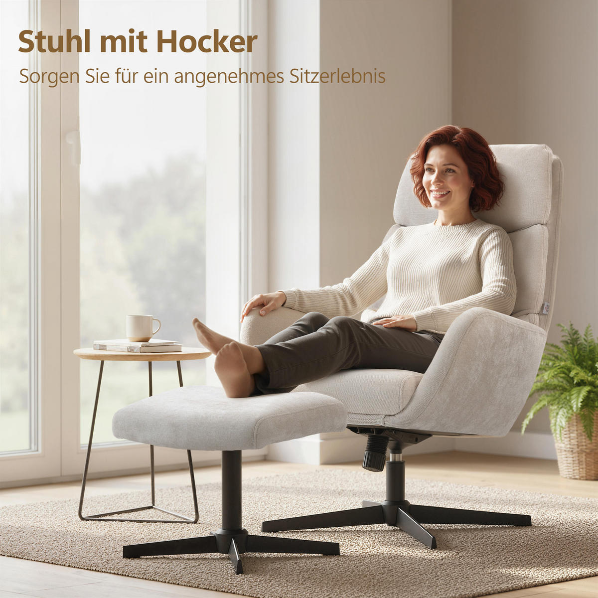 RELAXSESSEL mit Hocker, Fernsehsessel mit hoher Rückenlehne Wippfunktion Beige - Beige/Schwarz, Textil/Metall (66/99/75cm) - HOMCOM