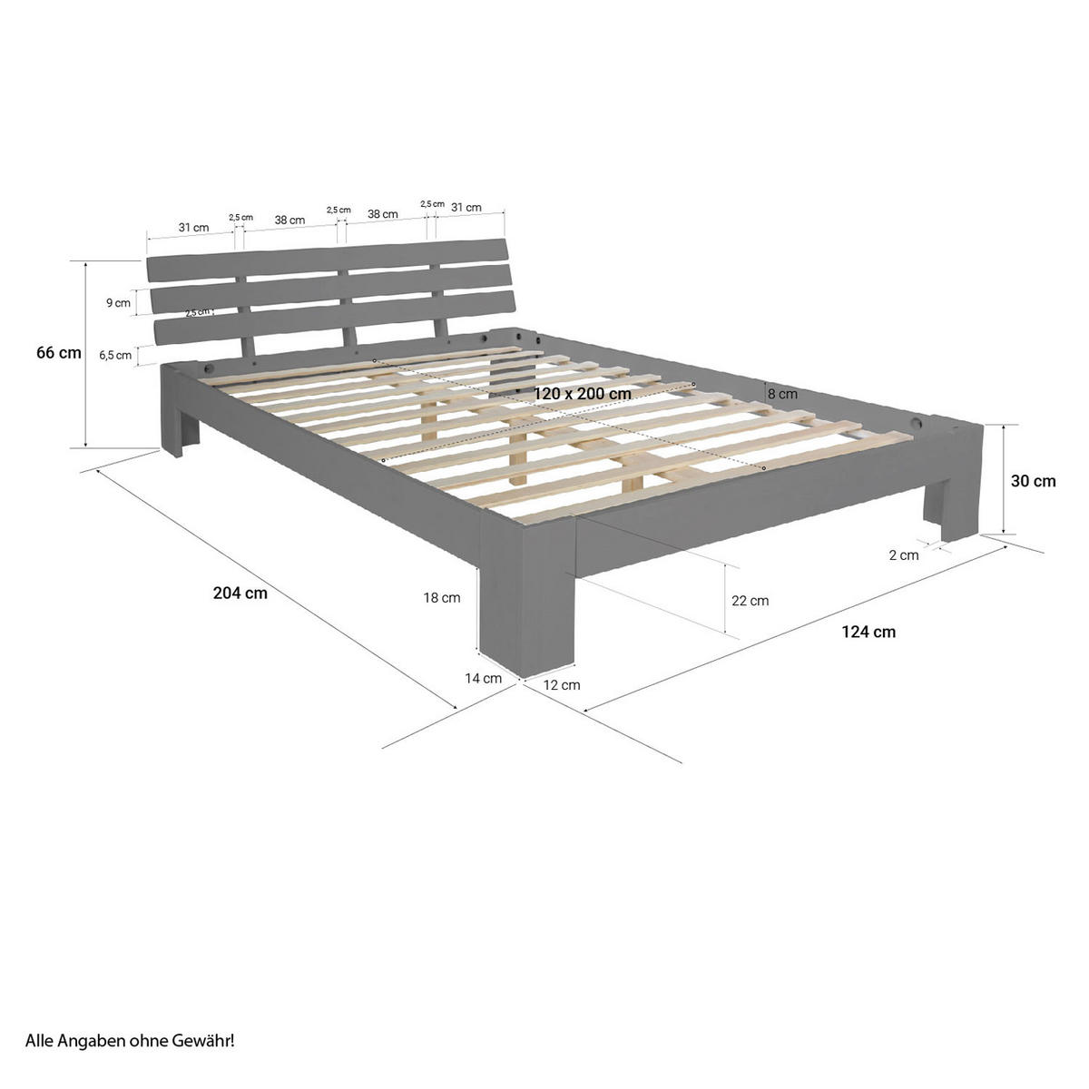 HOLZBETT 120/200 cm mit Lattenrost grau - Grau, Holz (120/200cm) - Homestyle4u