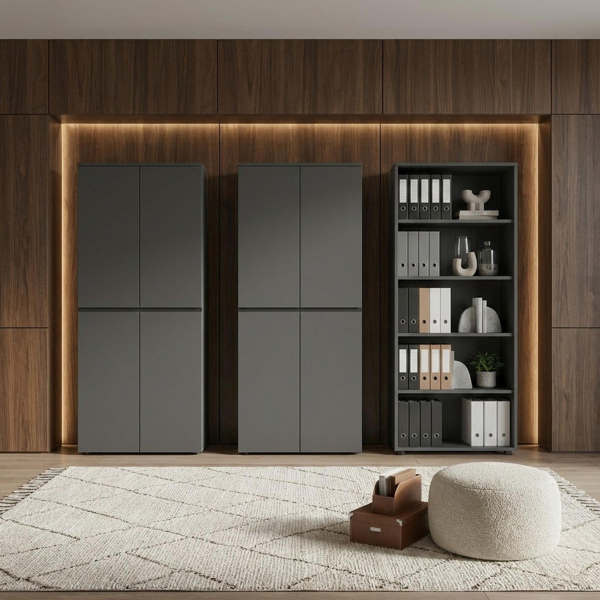 BÜRO-SET "Stuttgart" groß mit 3 Aktenschränke Soft-Close 272x197 cm Graphit - Schwarz, Holzwerkstoff (272/197/40cm) - KADIMA DESIGN