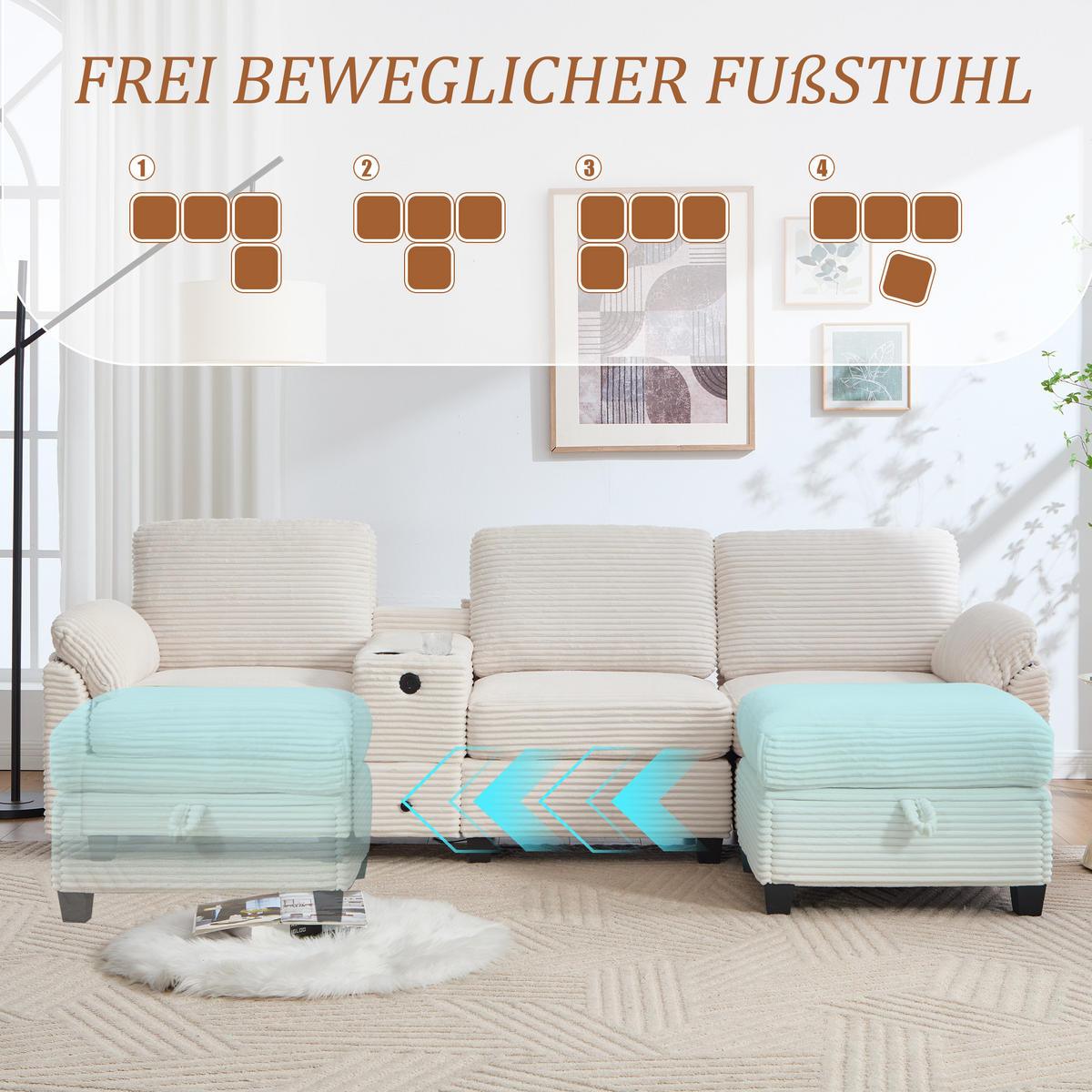 ECKSOFA Cord mit Memory Foam USB-Anschluss und Stauraum 266/136/82 cm Beige - Beige, Textil (136/82/266cm) - Redom