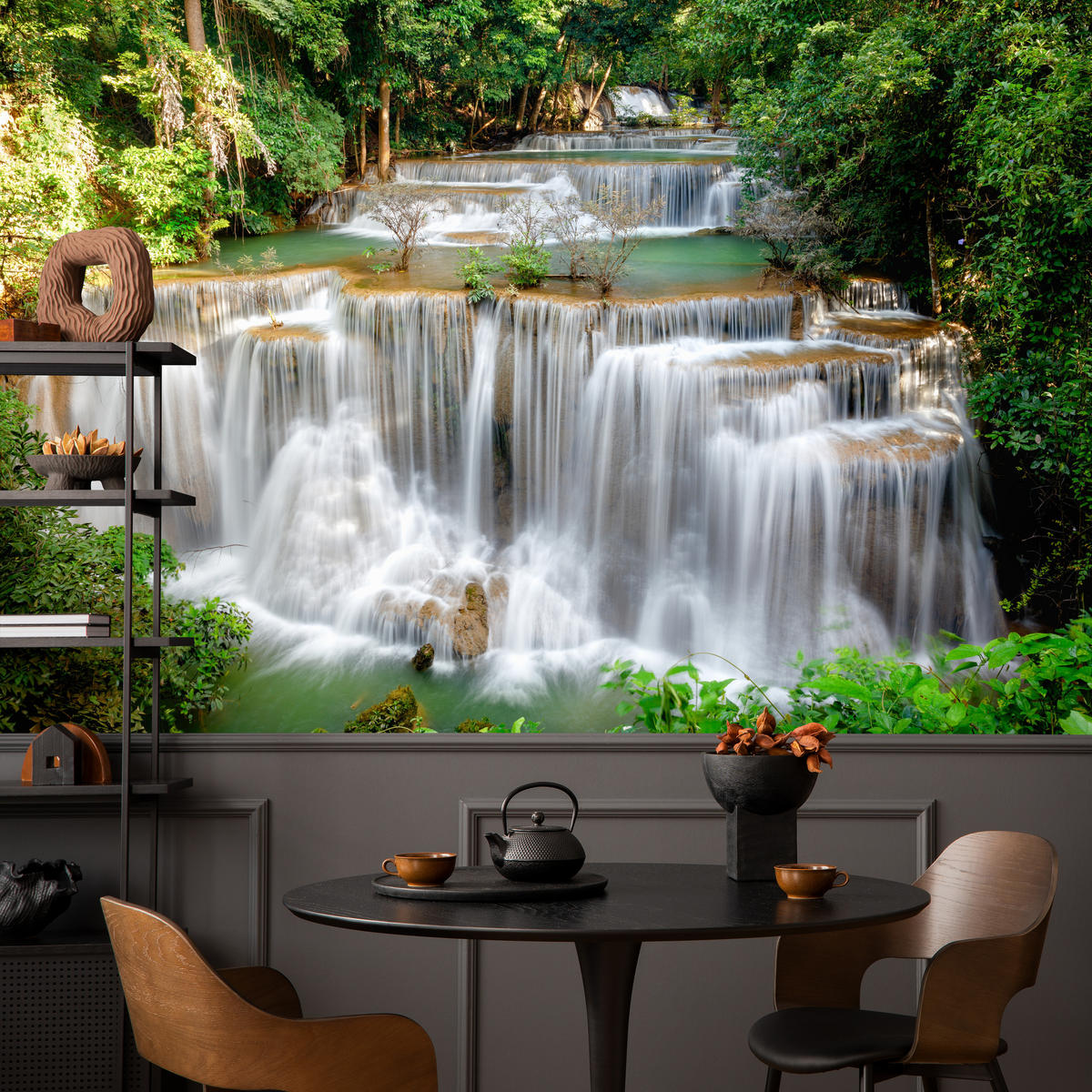 FOTOTAPETE für Esszimmer Panorama Waldwasserfall Bäume Pflanzen Natur 300x210 - Beige/Braun, Papier (300/210cm) - Muralo