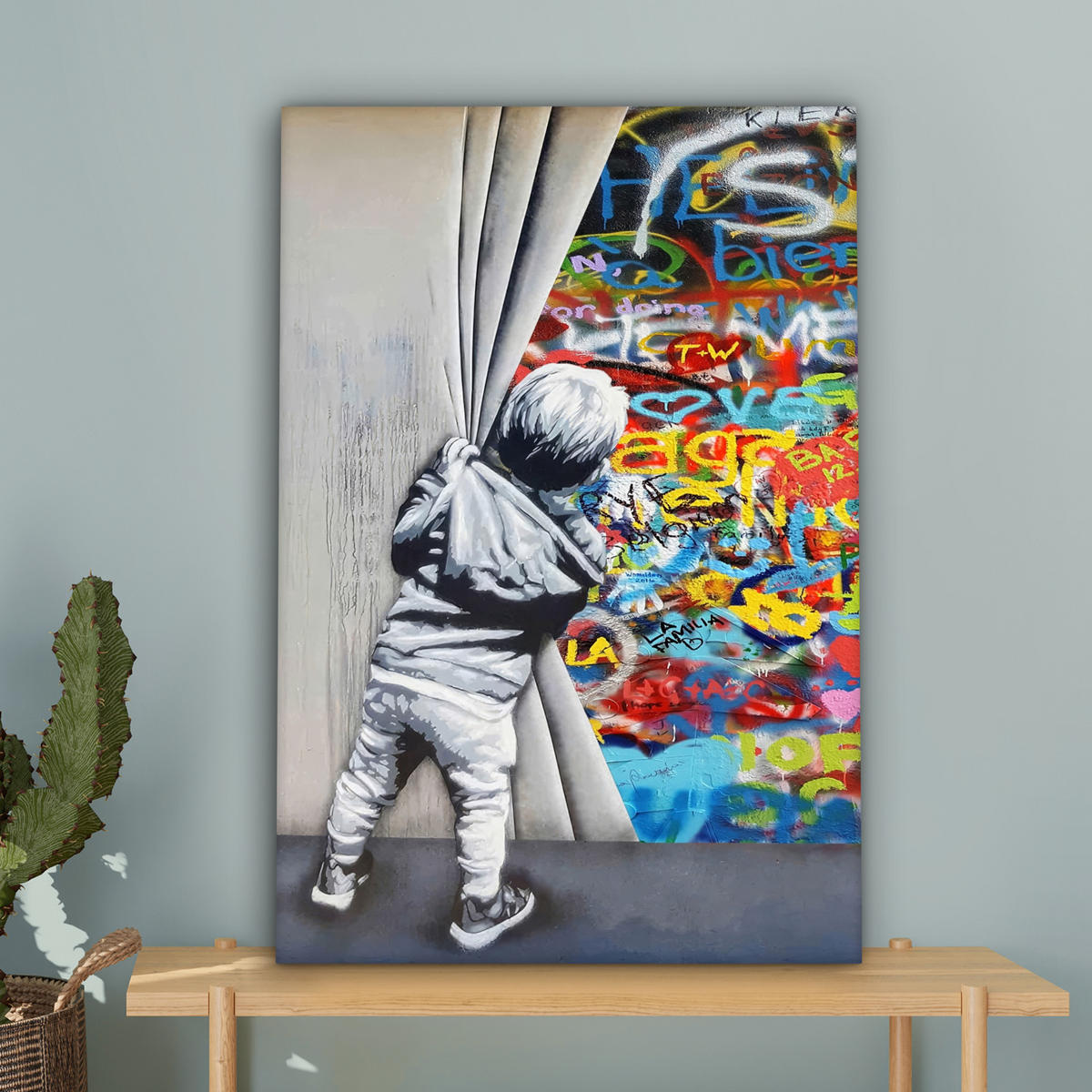 LEINWANDBILD Graffiti - Junge - Ilussie - Straßenkunst 60x90 cm - Hellgrau, Textil (60/90cm) - MuchoWow