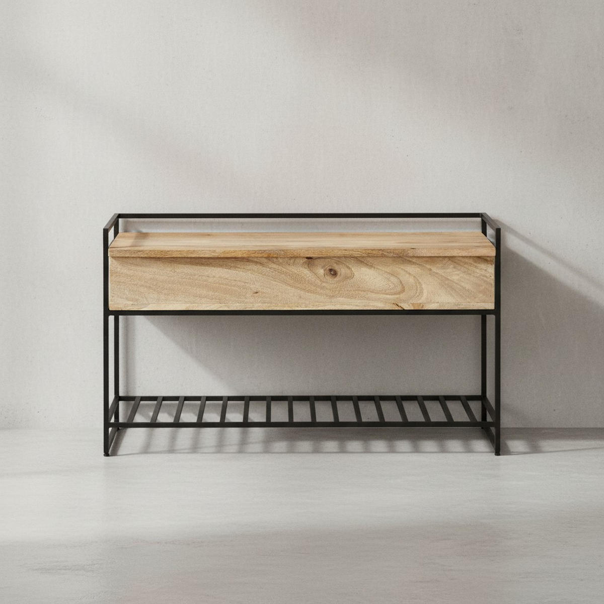 FLURBANK Holz Metall Sitzfläche hochklappbar, Beige 90x38x52 cm - Beige/Schwarz, Holz/Metall (90/52/38cm) - KADIMA DESIGN