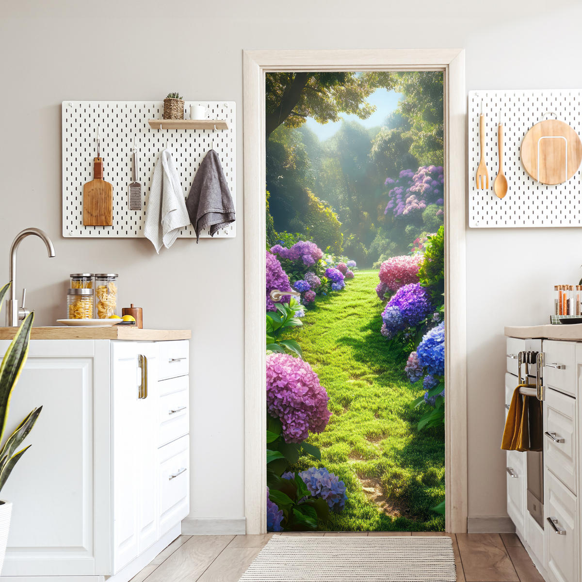 FOTOTAPETE Tür - Natur - Hortensie - Blumen - Grün 80x205 cm - Hellgrün, Kunststoff (80/0.1cm) - MuchoWow