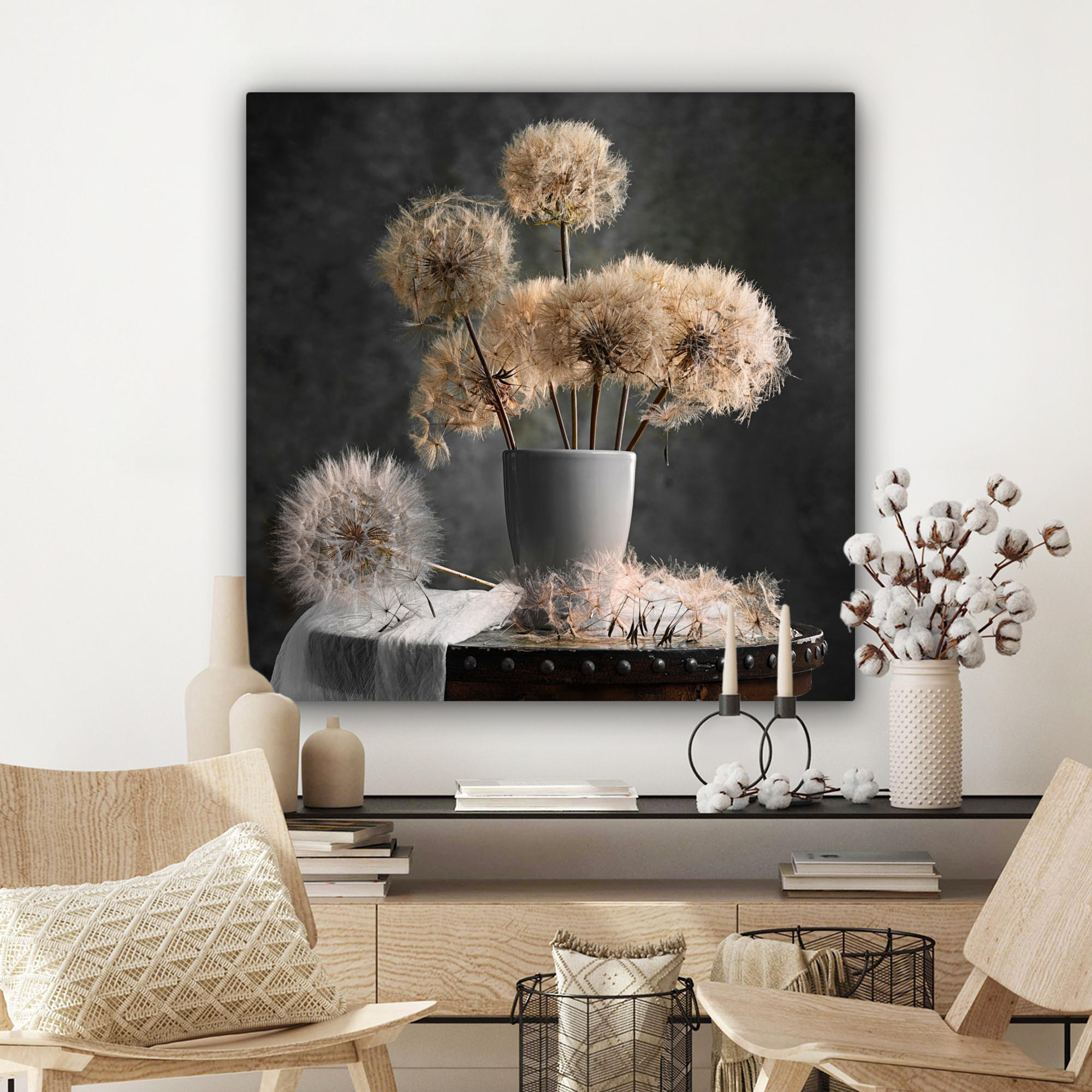 LEINWANDBILD Blumensamen - Löwenzahn - Vase - Stilleben - Blumenstrauß 90x90 cm - Dunkelgrau, Textil (90/90cm) - MuchoWow