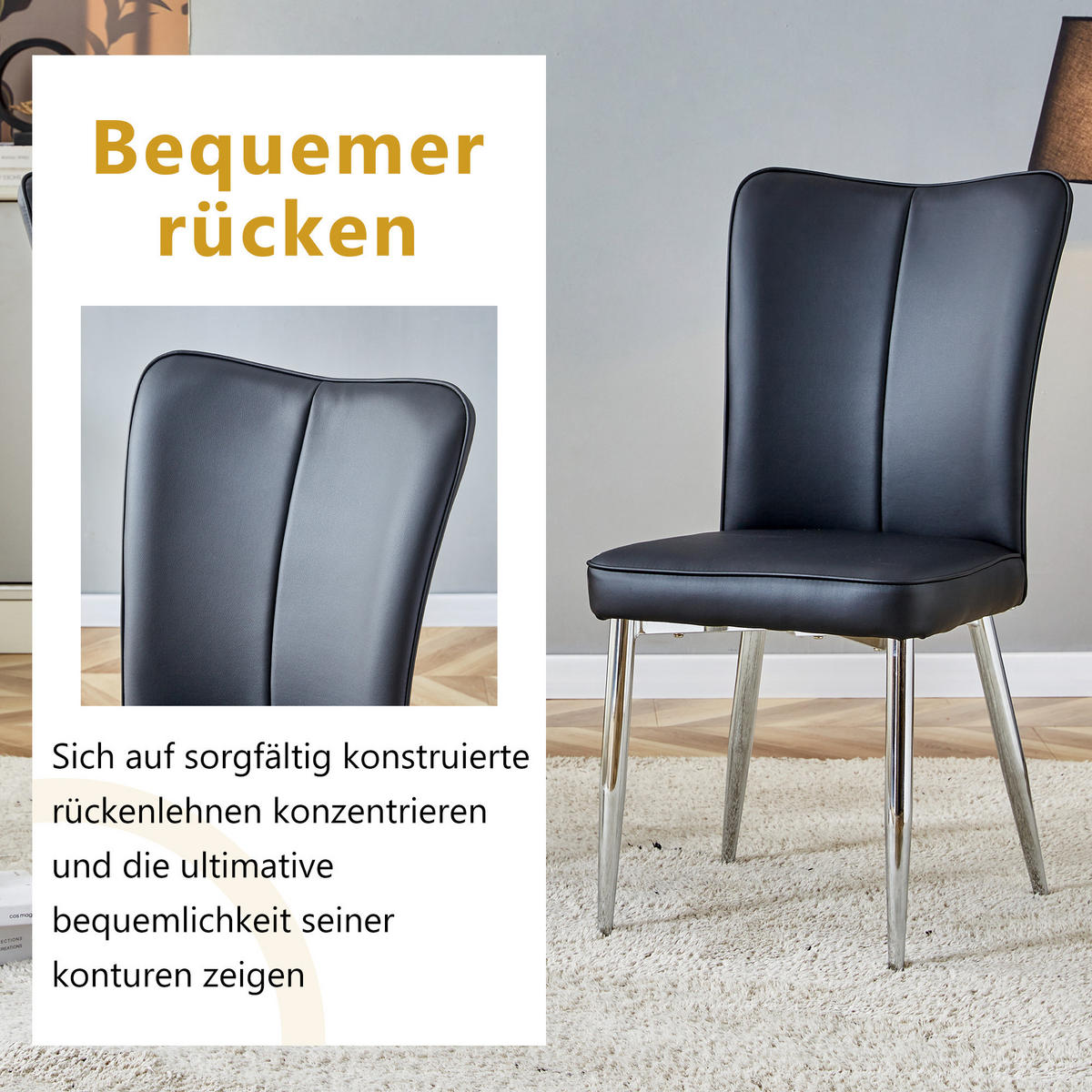STUHL-SET DE-36517 2 Stück mit PU-Bezug und Metallbeinen Schwarz - Schwarz, Metall (44/89/45cm) - ComfortXL