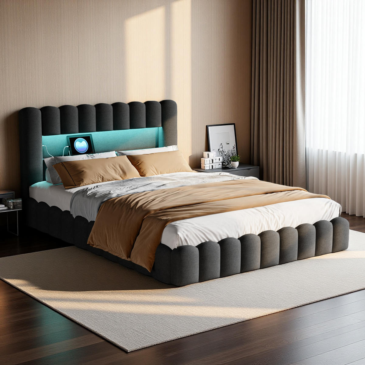 POLSTERBETT 160 x 200 cm mit LED und USB, Lattenrost, Leinen, Grau - Grau, Metall (160/200cm)