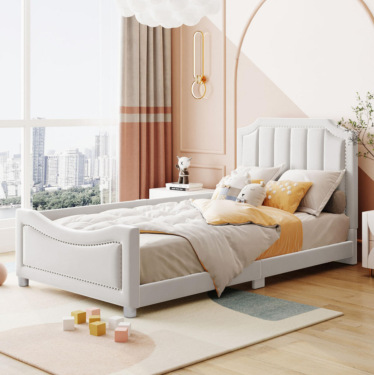 KINDERBETT 90/200 cm aus Massivholz mit Flanellbezug und Rückenlehne Beige - Beige, Holz (90/200cm) - Modenvie