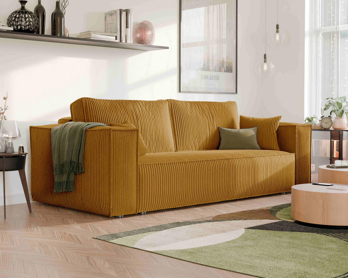 SOFA mit Schlaffunktion und Bettkasten, Senfgelb - Gelb, Holzwerkstoff/Textil (240/84/105cm) - Idohome
