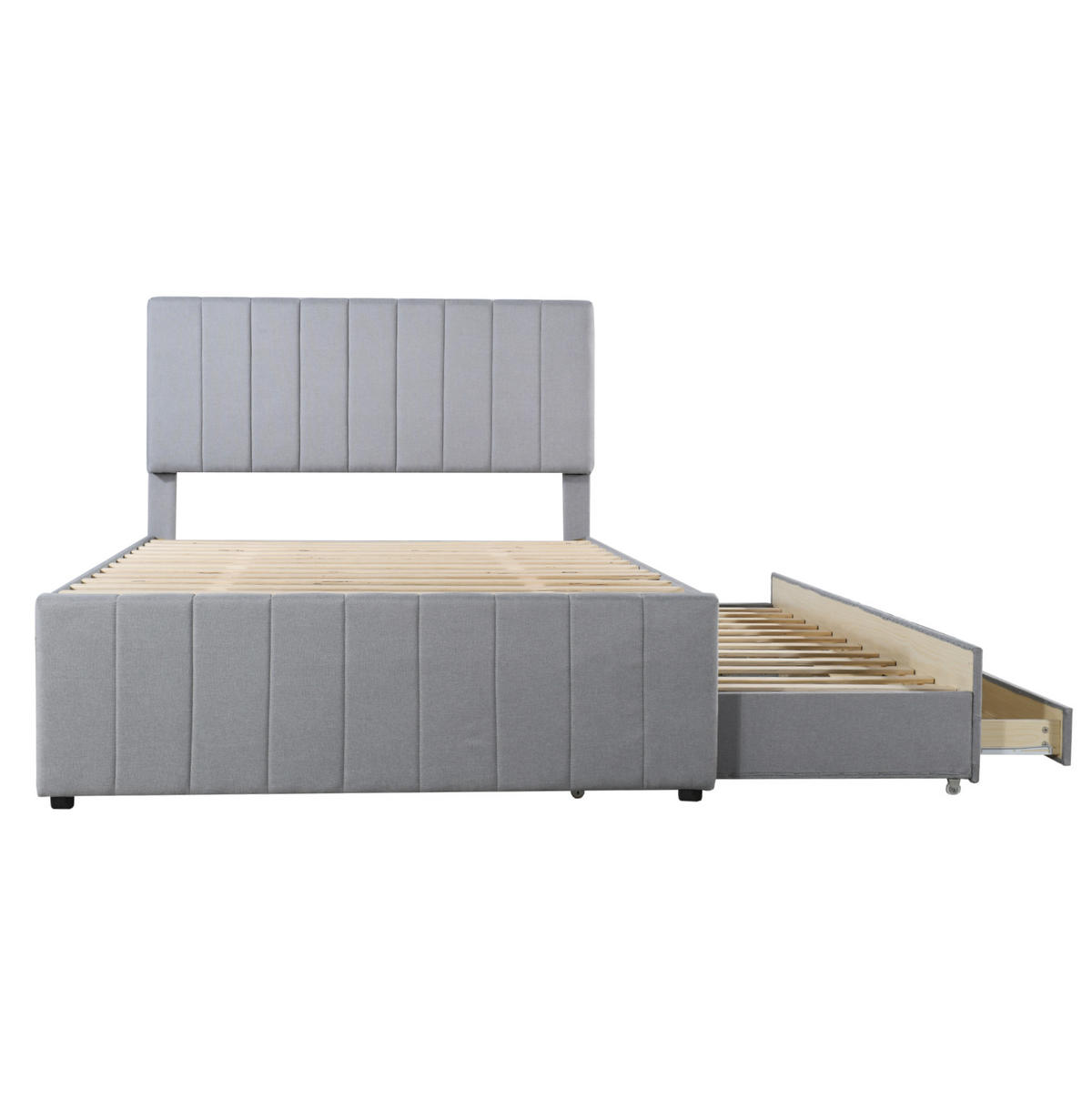 ČALÚNENÁ posteľ z MDF, ľanu a kovu 140x200 cm sivá s výsuvným lôžkom, 3 zásuvkami a výškovo nastaviteľným čelom - sivá, textil (140/200cm) - Modfu