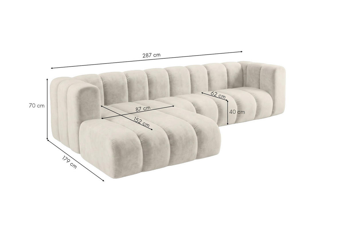 ECKSOFA Modulares In L-Form, Velvet-Stoff Riviera, Ecru, Links, GRAND 287 cm - Creme, Holz (287/179cm) - Kaiser Möbel