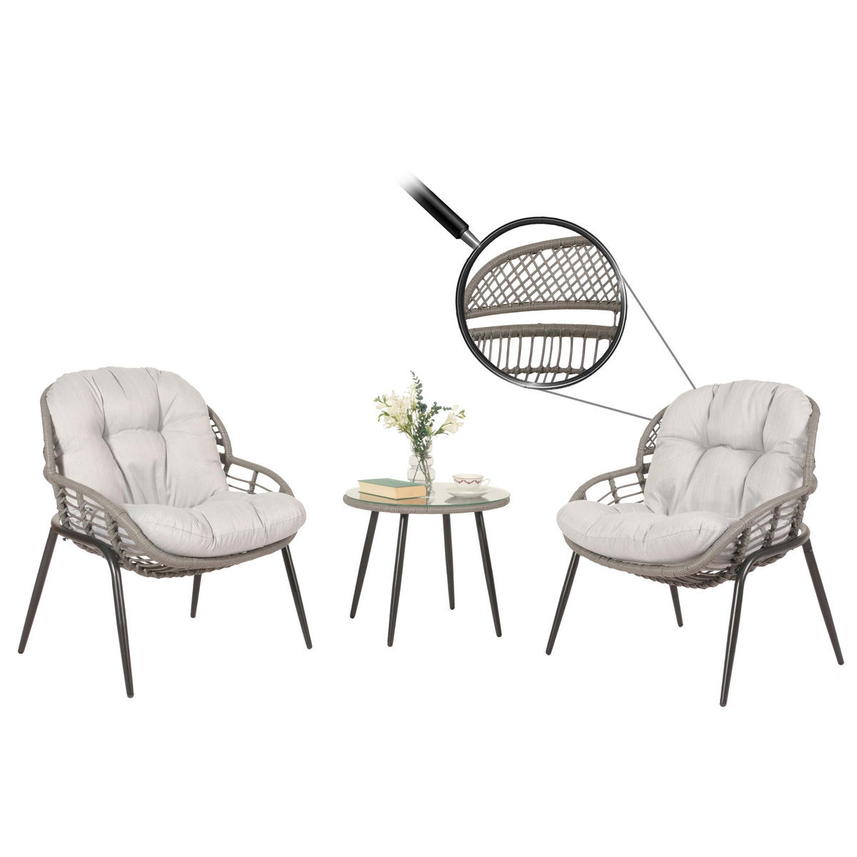 GARTEN-GARNITUR aus Poly-Rattan HxBxT 85,5x67x68cm Sitzhöhe 35cm Grau Polster Hellgrau - Grau, Kunststoff - PROREGAL