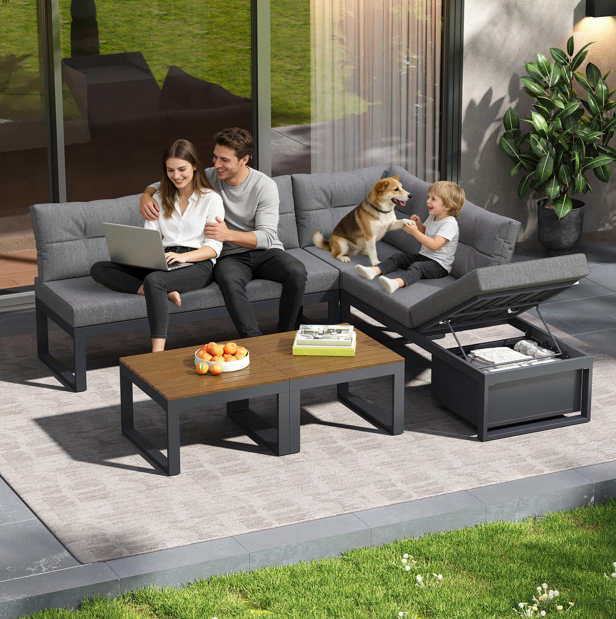 GARTENLOUNGE 191,5/191,5/79 cm mit 3-fach verstellbarer Rückenlehne, Liegefunktion und Stauraum, Polyester, Grau - Grau, Textil - Redom