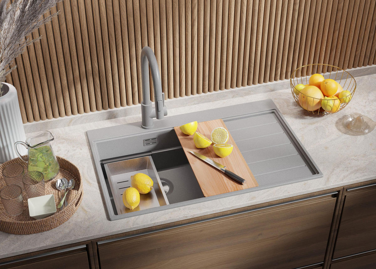 SPÜLBECKEN Sydney, 2-er set Grau 78/50 cm 1 Becken + Ablauf-Set + Küchenzubehörset ab 50er Unterschrank - Chromfarben/Beige, Kunststoff (78/20/50cm) - Primagran