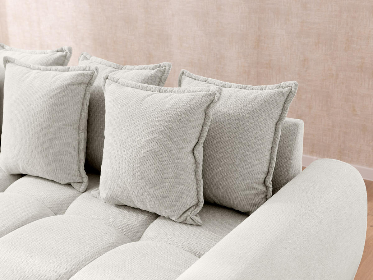 ECKSOFA inkl. Hocker Bubble mit Schlaffunktion und losen Rückenkissen, Sitzfläche in Bubble-Optik aus weichem Creme Strukturstoff - Ottomane Rechts - Creme/Schwarz, Holz/Kunststoff (306/180cm) - S-Style Möbel