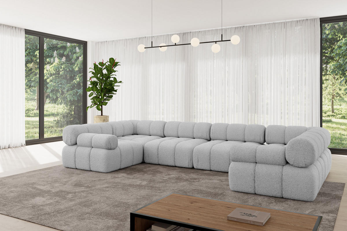 WOHNLANDSCHAFT modulares Sofa Birno-U2 - 380x190x70 cm Hellgrau Bouclé - Hellgrau, Holzwerkstoff/Textil (380/70/190cm) - ALTDECOR