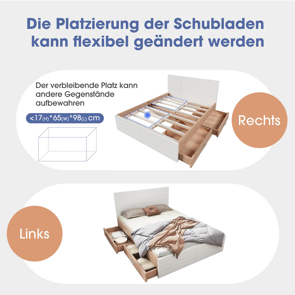 POLSTERBETT 160x200cm mit Stauraum und Schubladen Weiß/Eiche - Eichefarben, Holzwerkstoff/Textil - Urban Meuble
