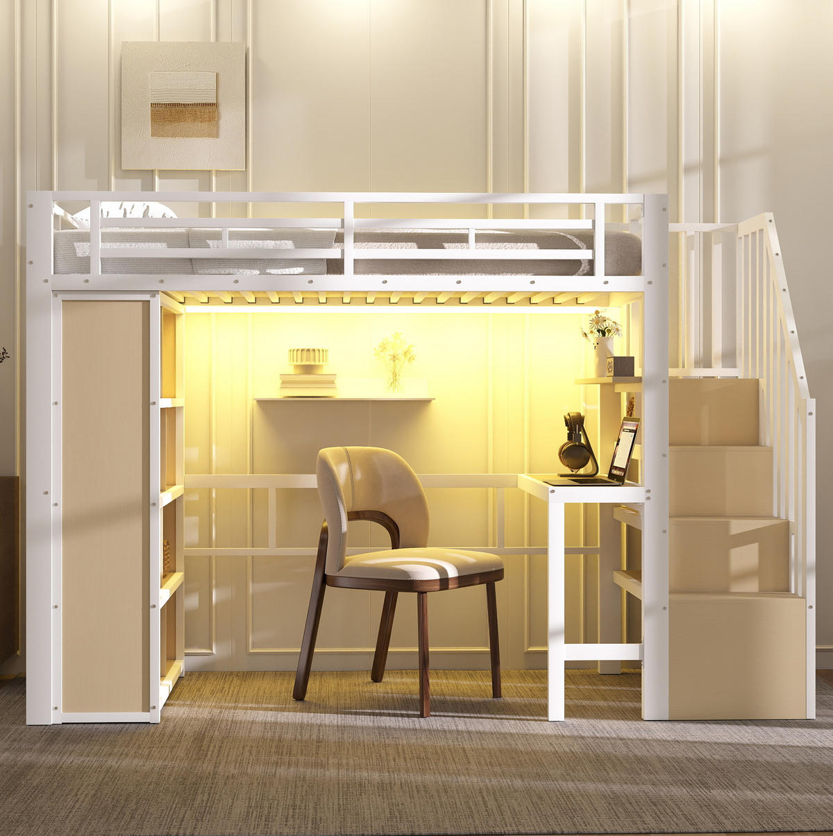 HOCHBETT aus Metall und MDF 90x200 cm Weiß mit Schreibtisch, Stauraumtreppe und LED-Beleuchtung - Weiß, Metall (90/200cm) - IVMEU