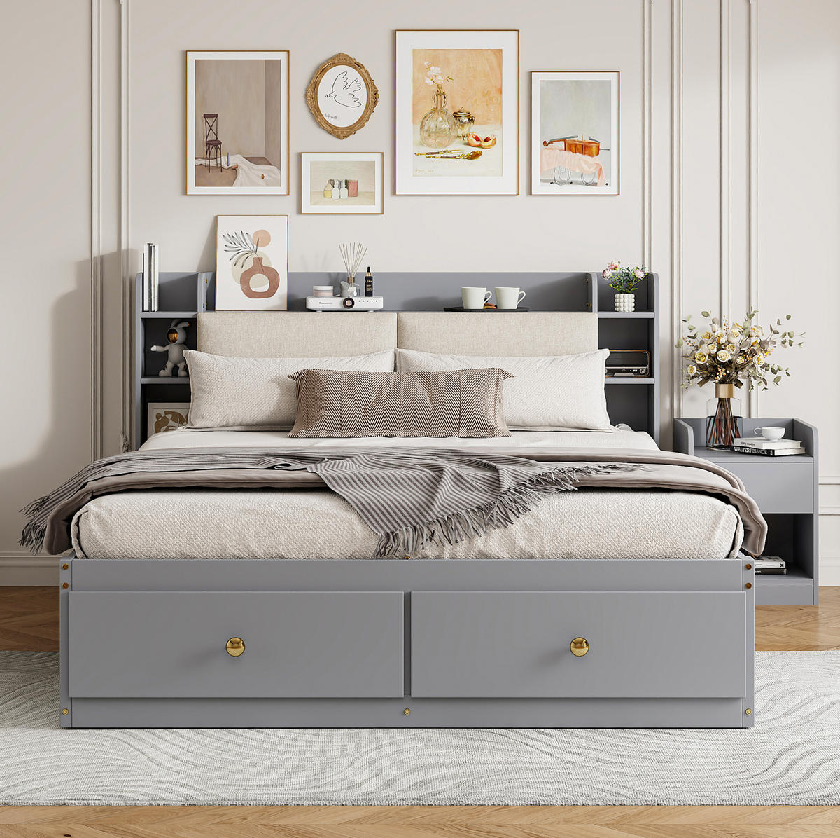 BETT aus 140x200 cm Grau mit gepolstertem Kopfteil, Schubladen, Nachttisch, Sofabank und Stauraum - Grau, Holzwerkstoff (140/200cm) - Modfu