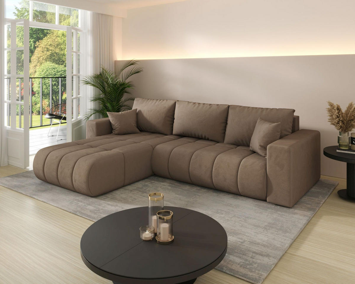 ECKSOFA LARA PREMIUM links braun Velours Monolith 9 - Schlaffunktion, Bettkasten - Braun, Textil (280/175cm) - Cornero