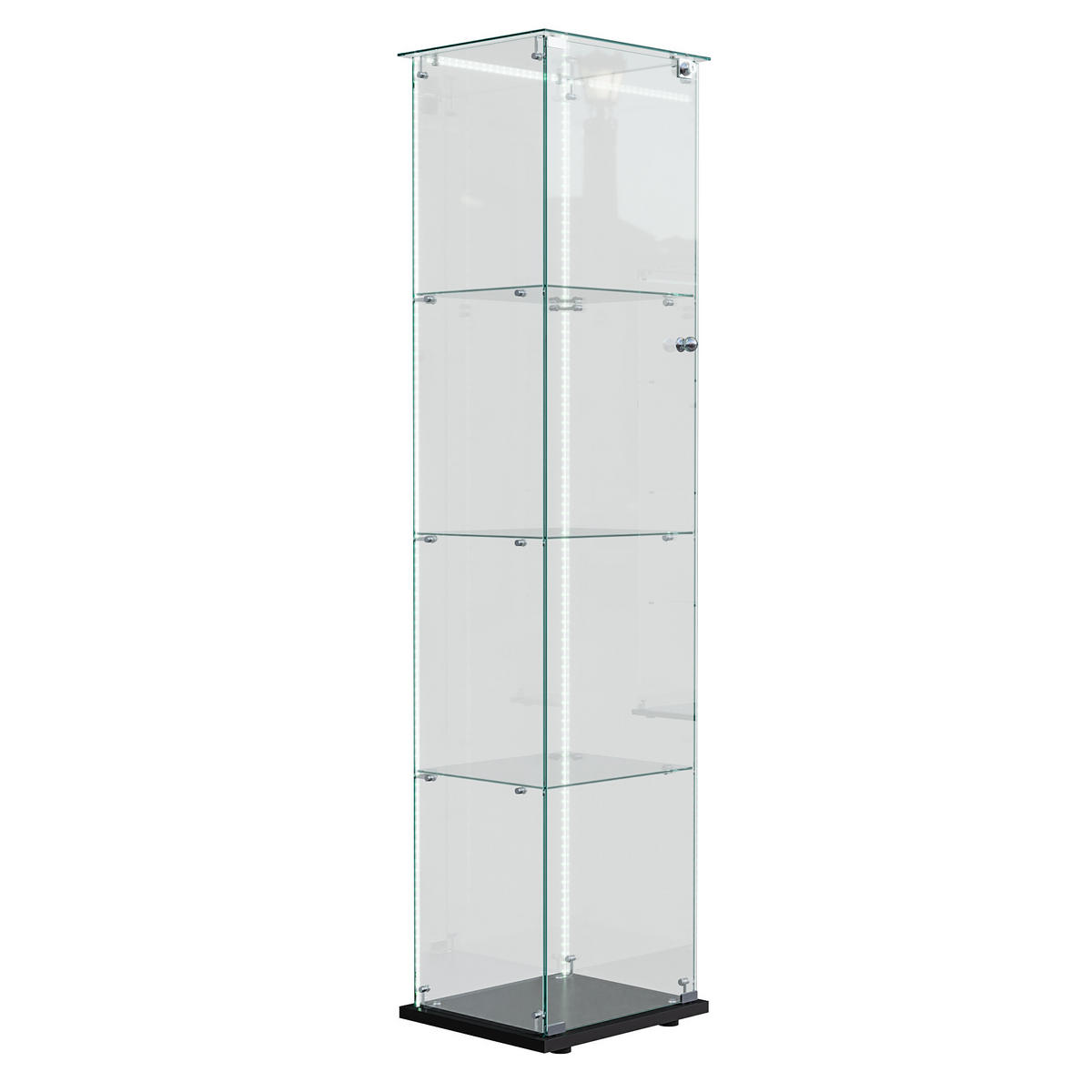 VITRINE Glas LED, Einzeltür, 4 Regale, mit Schloss, Schwarz - Schwarz, Holz (35/163/39.8cm)