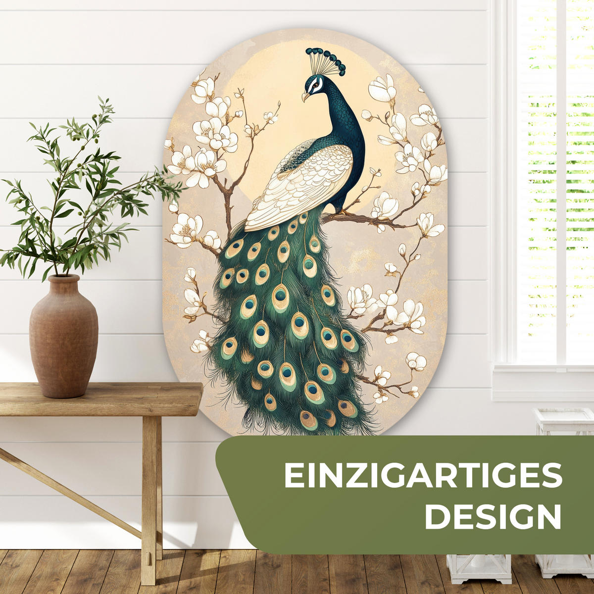 WANDBILD Pfau - Zweig - Blumen 80x120 cm - Champagner, Kunststoff (80/120cm) - MuchoWow