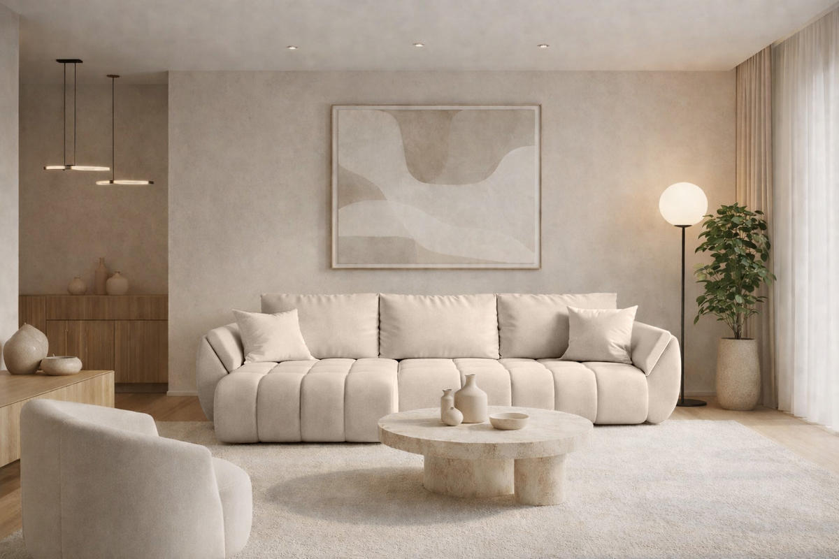 ECKSOFA TOKYO PREMIUM mit Schlaffunktion, Stoff WIND, Beige, Links - Beige, Holz (280/190cm) - Kaiser Möbel