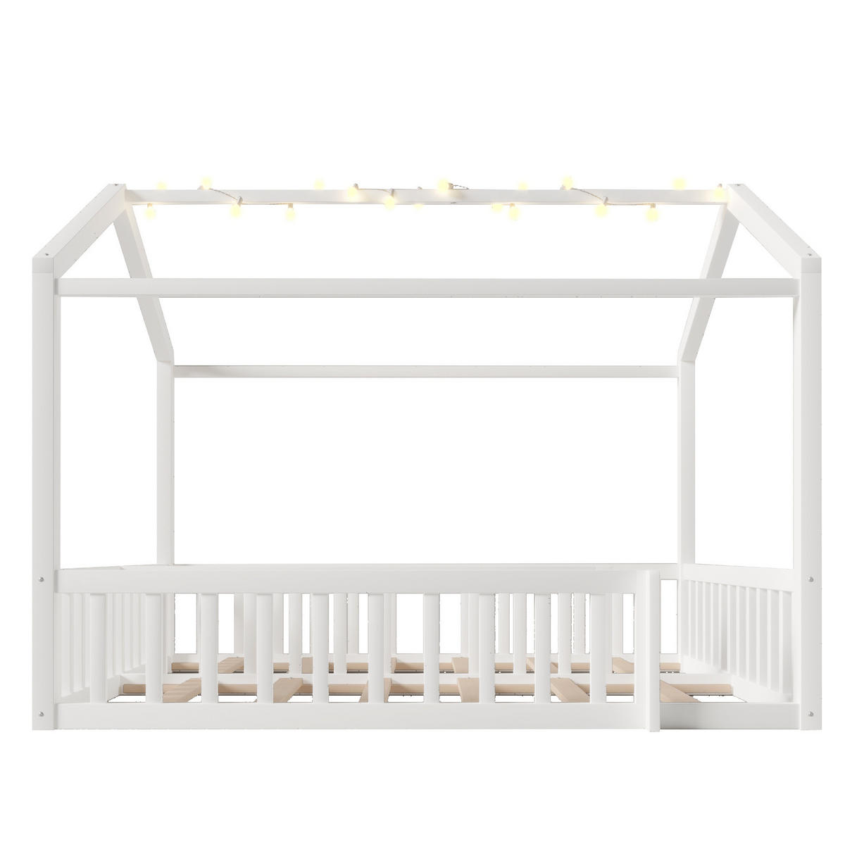 KINDERBETT 90/190 cm, teilbar zum 180/190 cm Bett, mit LED, Hausform und Rundum-Schutzgitter, Kiefer massiv, Weiß - Weiß, Holz (90/190cm) - Redom