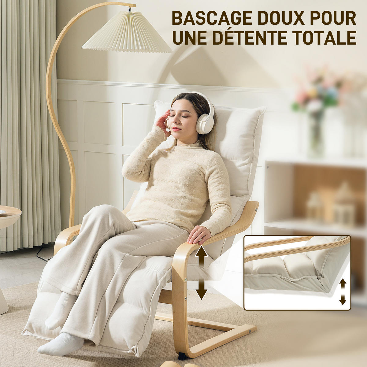 RELAXSESSEL DE-13311 mit verstellbarer Fußstütze & Veloursbezug Creme - Creme, Holz (67/105/93cm) - ComfortXL