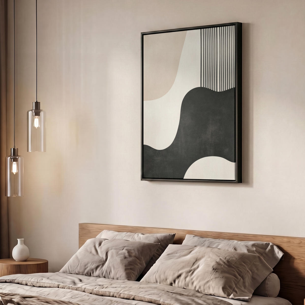 LEINWAND Bilder mit Rahmen - Abstrakt - Japandi - Beige - Modern - 60x80 - Schwarz, Textil (60/80cm) - MuchoWow