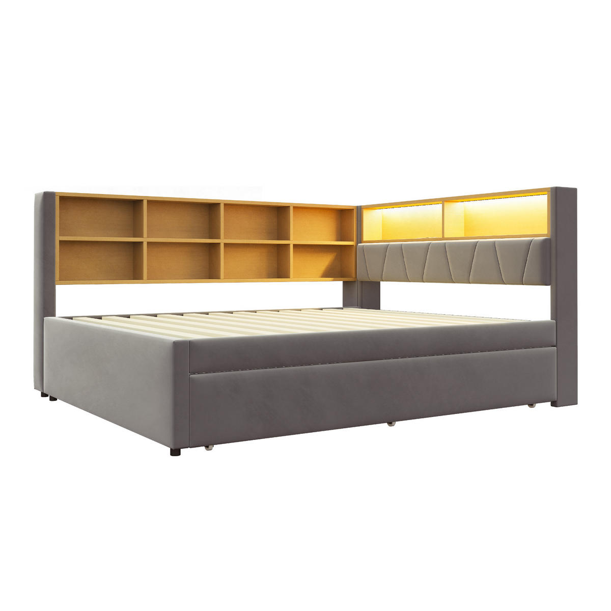 BETT mit Ausziehbett 140/200 cm und LED-Beleuchtung Dunkelgrau Flanell - Dunkelgrau, Textil (140/200cm) - OKWISH