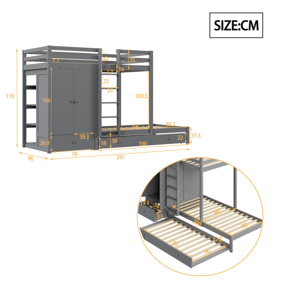 ETAGENBETT aus Kiefernholz, MDF und Sperrholz 90x200 cm Grau mit Ausziehbett, Kleiderschrank und Schubladen - Grau, Holz (90/200cm) - IVMEU