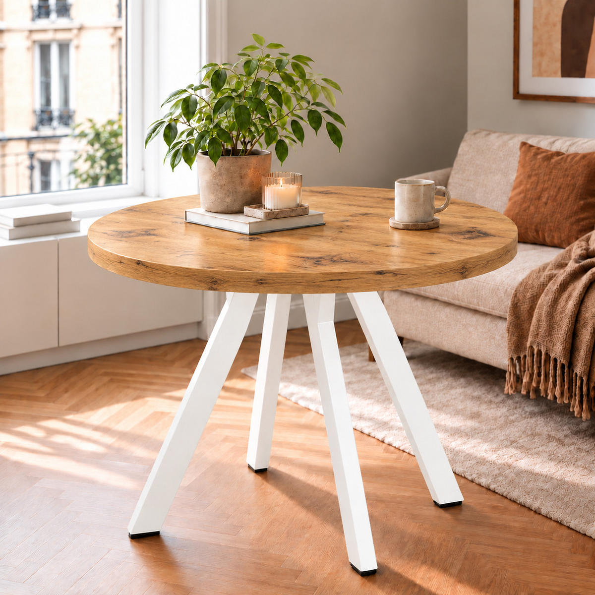 ESSTISCH rund ausziehbar 90/190/76 cm, Eiche Craft, 54 cm Tischplatte + Y Metallgestell Weiß - Eichefarben/Weiß, Holzwerkstoff/Metall (90/190/76cm) - Damale Möbel