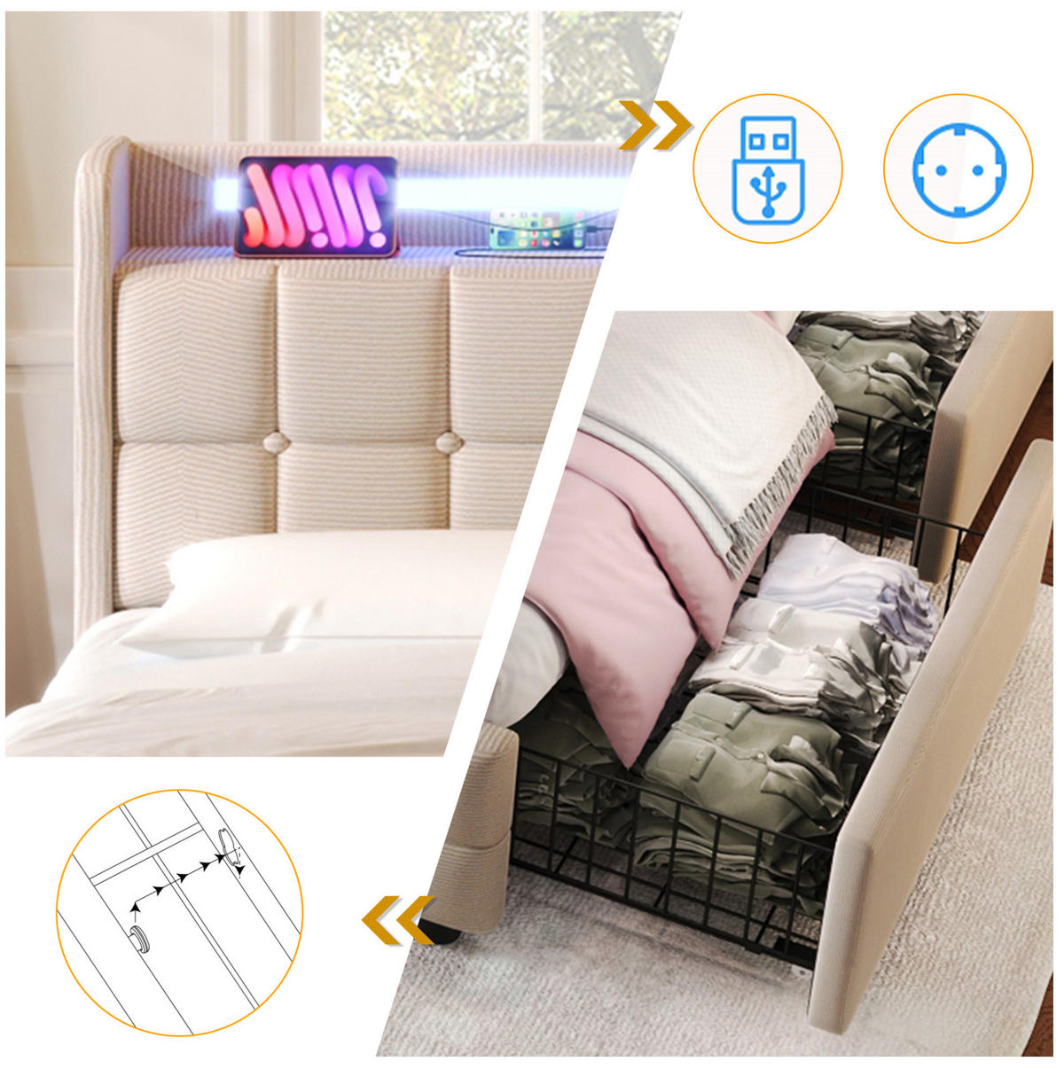 ČALOUNĚNÁ postel 140/200 cm béžová z dřeva s USB, zásuvkami, LED a 4 šuplíky - béžová, kompozitní dřevo (140/200cm) - OKWISH