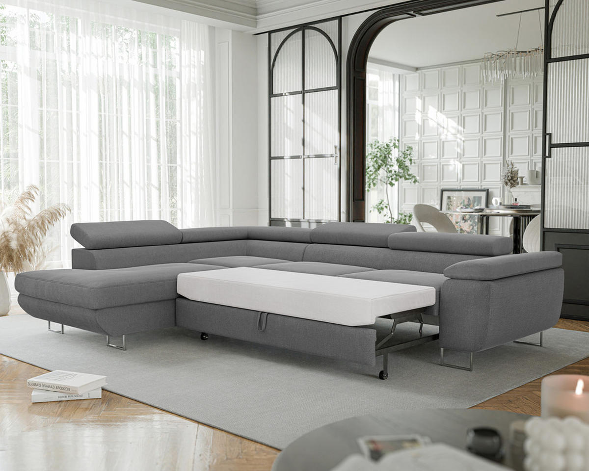 ECKSOFA ANTON mit Schlaffunktion und Bettkasten Dunkelgrau - Dunkelgrau, Holzwerkstoff/Kunststoff (274/203cm) - Idohome