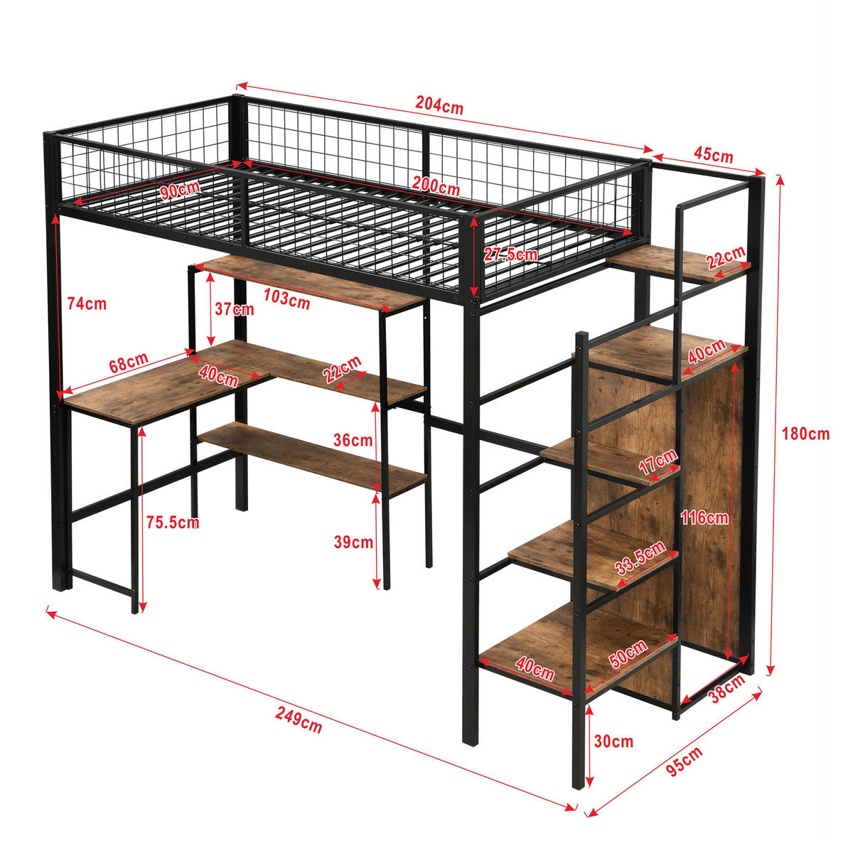 HOCHBETT 90x200cm, Eisen, Stauraum unter Tisch, Regale, Einbauschrank, Schwarz - Schwarz, Metall (90/200cm)