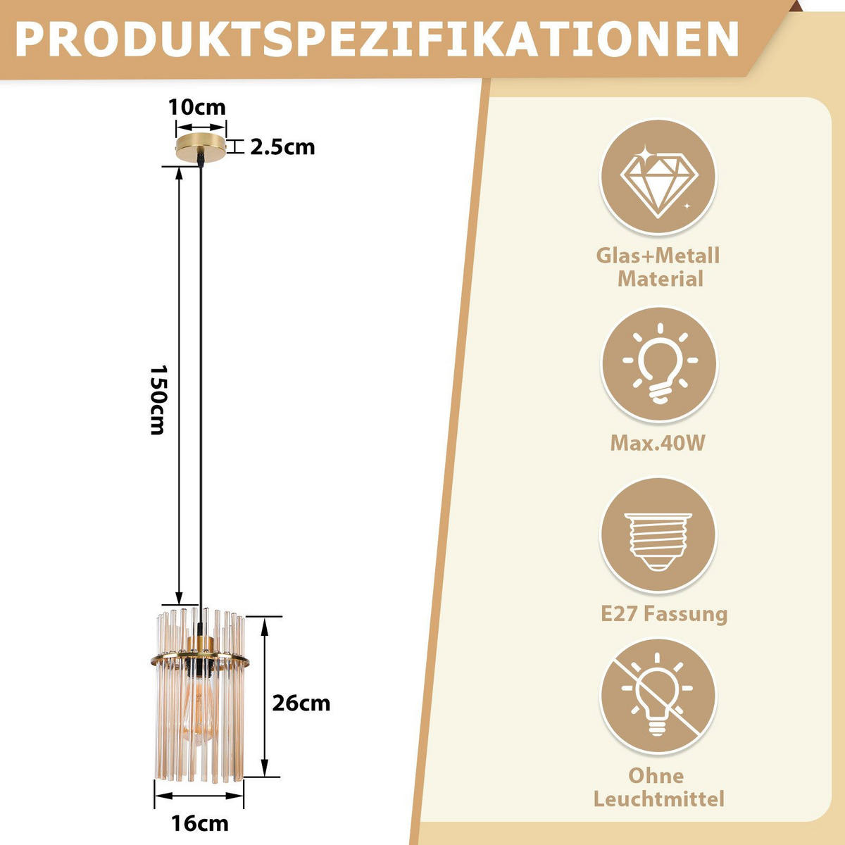 PENDELLEUCHTE ARNSBERG Ⅲ 16/10/150 cm - Goldfarben, Metall (16/10/150cm) - Nettlife