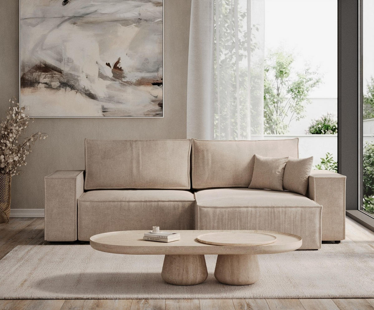 ECKSOFA CAVO mit Schlaffunktion Beige im Wind Stoff - Beige/Schwarz, Holz/Holzwerkstoff (255/148cm) - AltaBeds