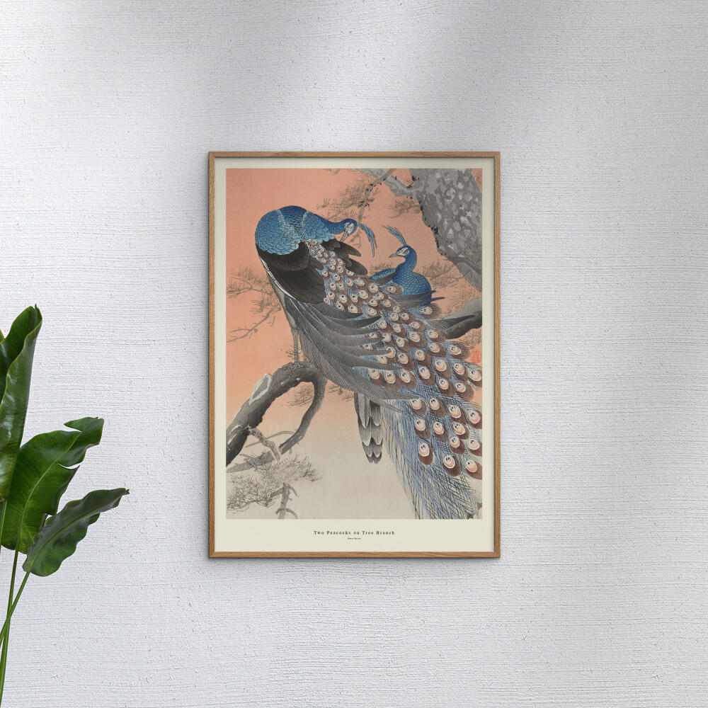 POSTER mit Rahmen A.P. Atelier - Two Peacocks on Tree Branch - Eichefarben/Multicolor, Holz/Papier (70/100cm) - Poster&Frame