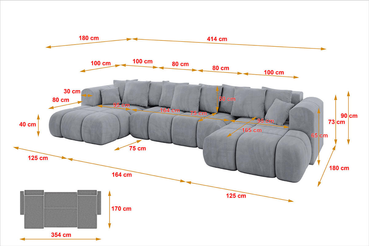 WOHNLANDSCHAFT Ottomane Links CLOUD-U-v1 414x180x40 Hellgrau Velours - Hellgrau, Holzwerkstoff/Kunststoff (414/90/180cm) - ALTDECOR