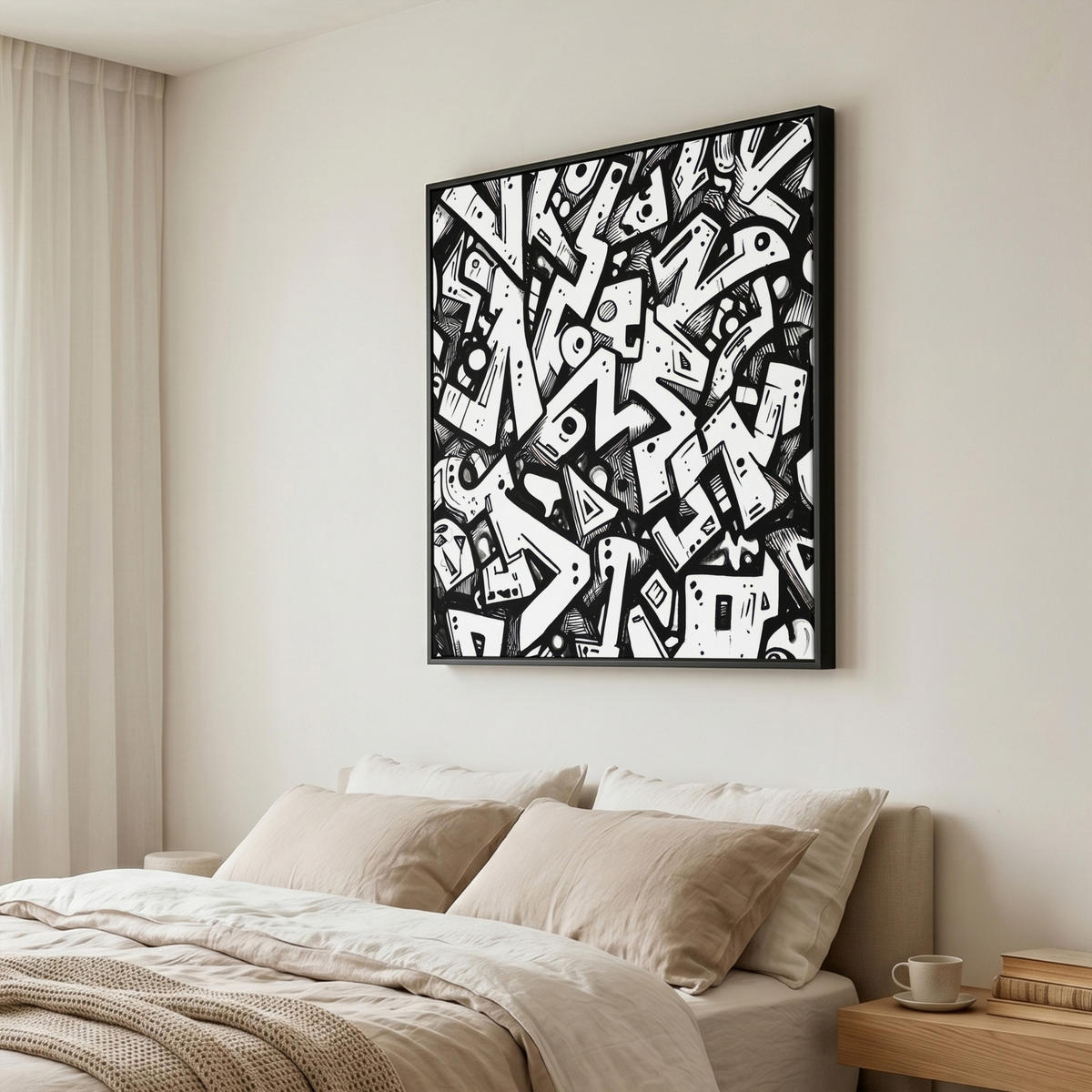 LEINWAND Bilder mit Rahmen - Formen - Buchstaben - Graffiti - Schwarz - 90x90 - Schwarz, Textil (90/90cm) - MuchoWow