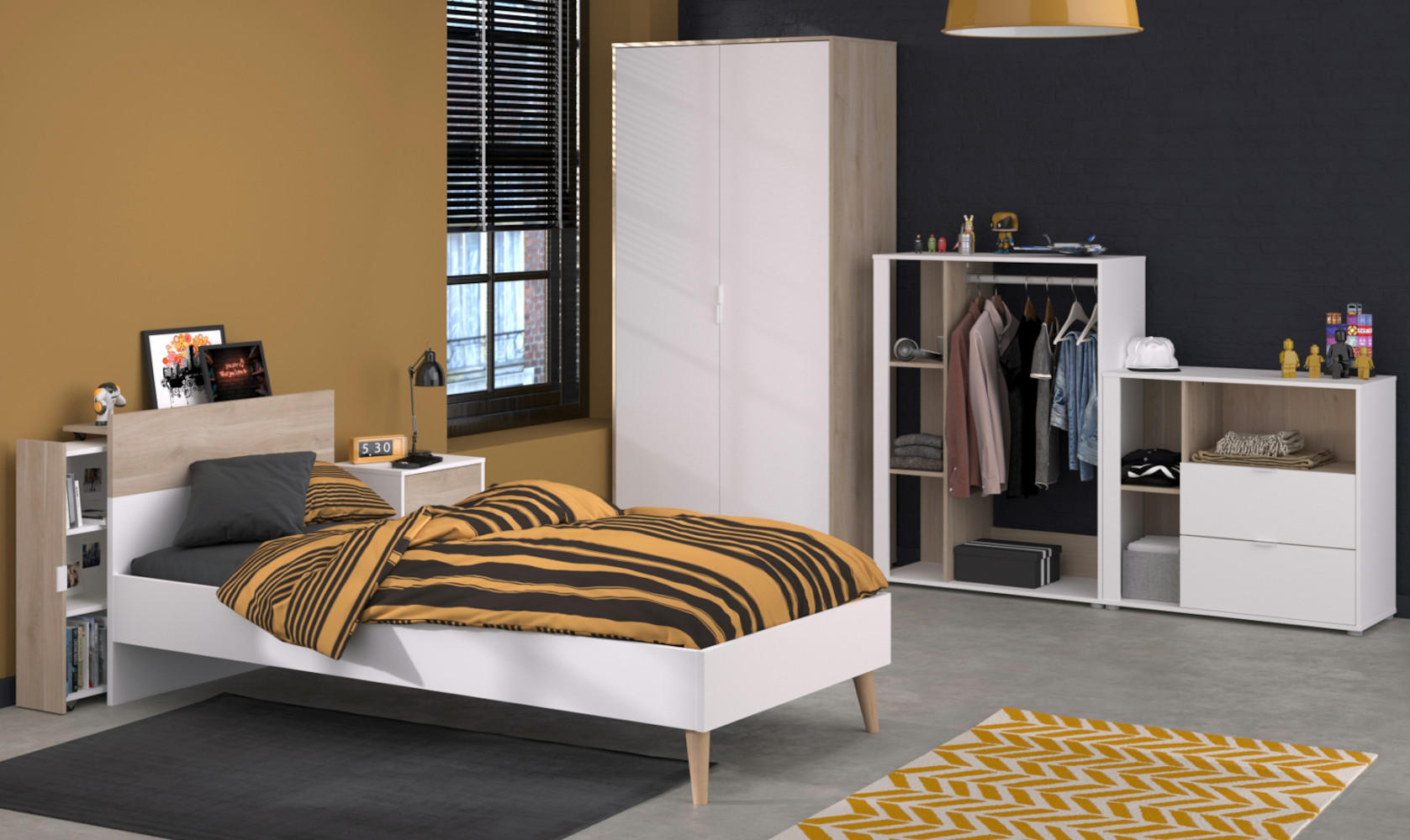 JUGENDZIMMER weiß, Eiche, Komplett-Set 6-teilig mit vielen Fächern - Eichefarben/Weiß, Holzwerkstoff (95/205/206cm) - Parisot Meuble