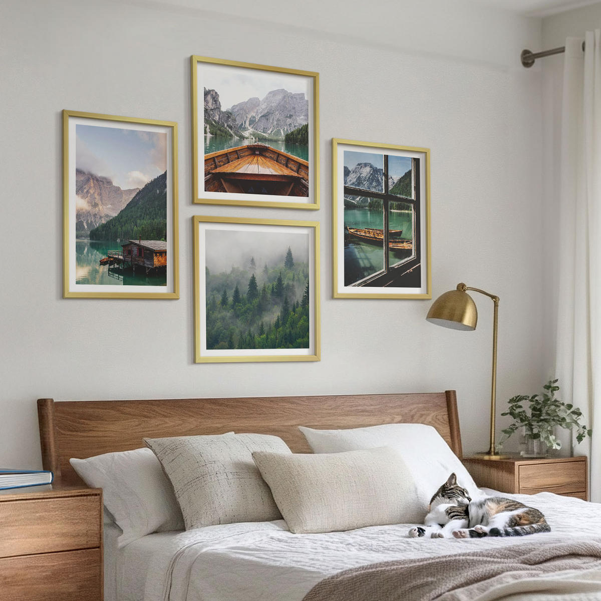 BILDER SET 4er Set - 50x50 cm & 40x60 cm Goldrahmen - Hütten am Bergsee Łódź - Goldfarben, Kunststoff (50/50cm) - TULUP