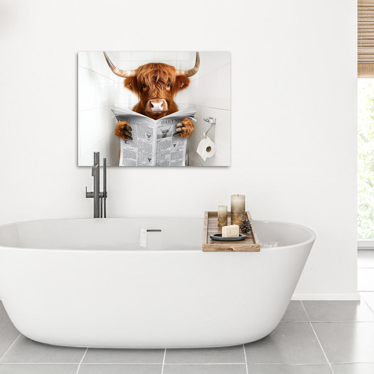 LEINWANDBILD Schottischer Highlander - Tier - Zeitung - Toilette 70x50 cm - Kastanienfarben, Textil (70/50cm) - MuchoWow