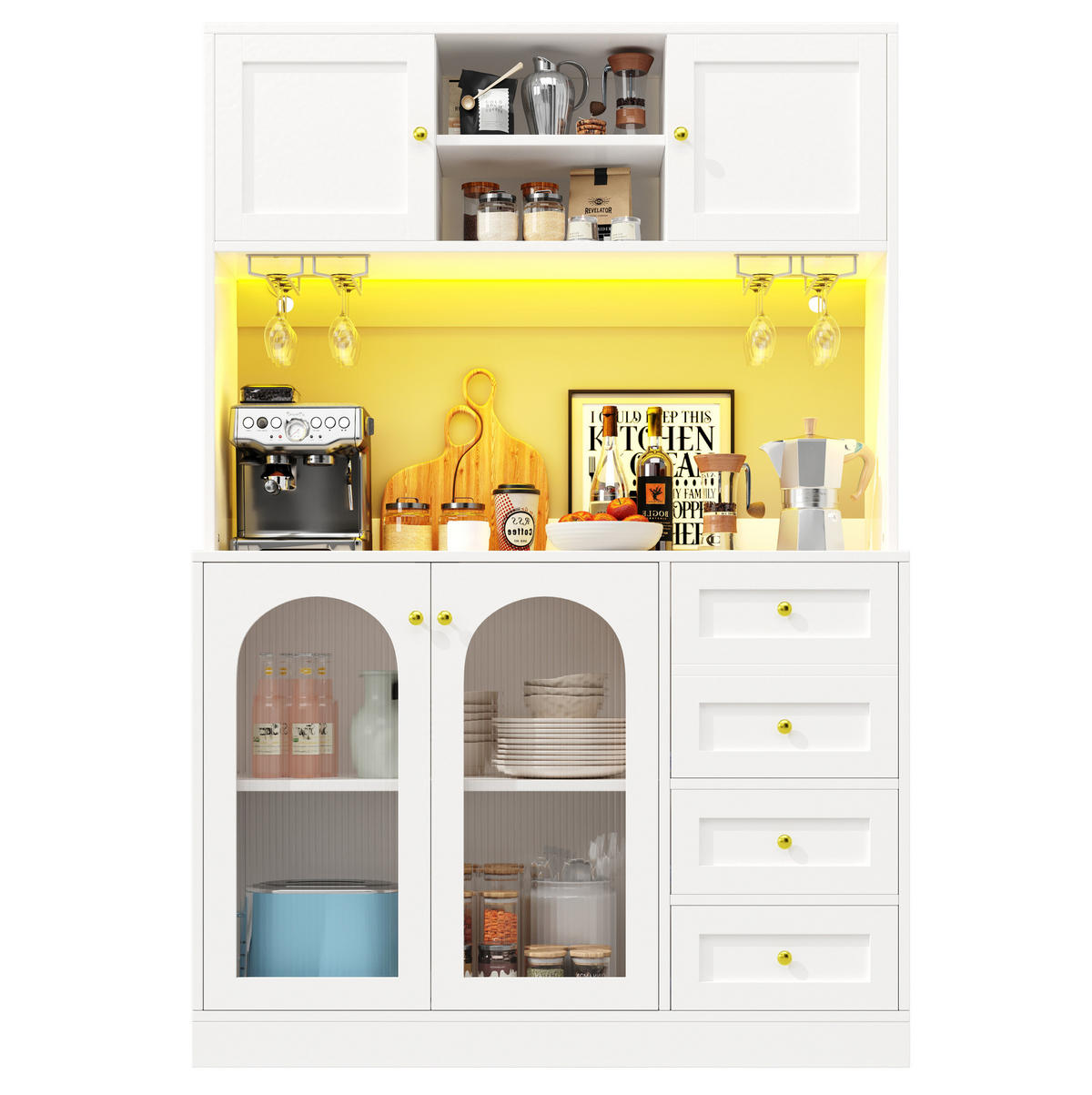 BUFFETSCHRANK 120/40/188 cm aus MDF mit LED-Lichtleiste, Fluted-Glas und viel Stauraum, Weiß - Weiß, Holzwerkstoff (120/188/40cm) - Redom