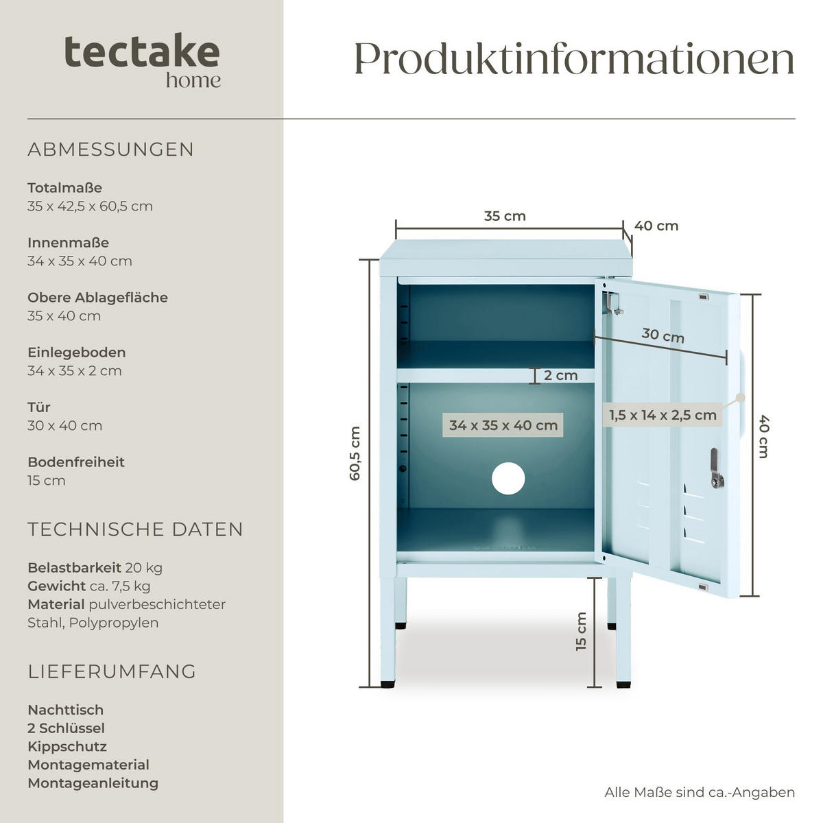 NACHTSCHRANK Baker, Kippschutz, höhenverstellbare Füße, grau/blau - Blau/Grau, Metall (35/60.5/42.5cm) - tectake