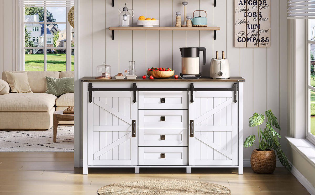 SIDEBOARD im modernen Landhausstil mit 2 Schiebetüren und 4 Schubladen, MDF, 137/40/81,5 cm, Weiß - Weiß, Holzwerkstoff (137/81.5/40cm) - Redom