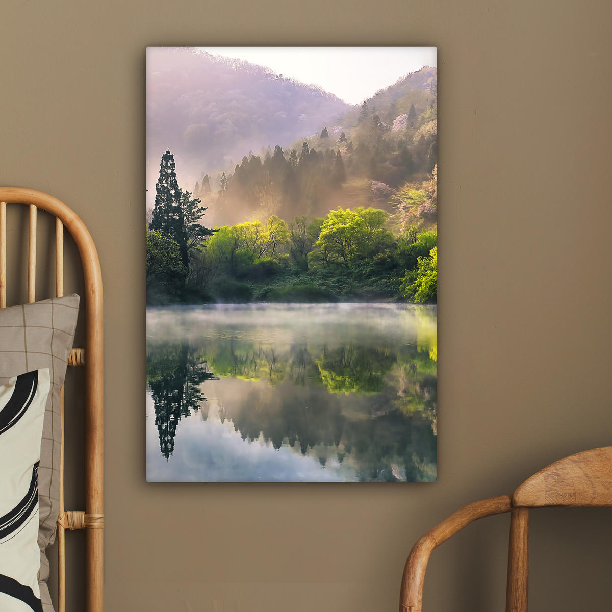 LEINWANDBILD Natur - Bäume - Berge - See - Wasser 40x60 cm - Hellgrün, Textil (40/60cm) - MuchoWow