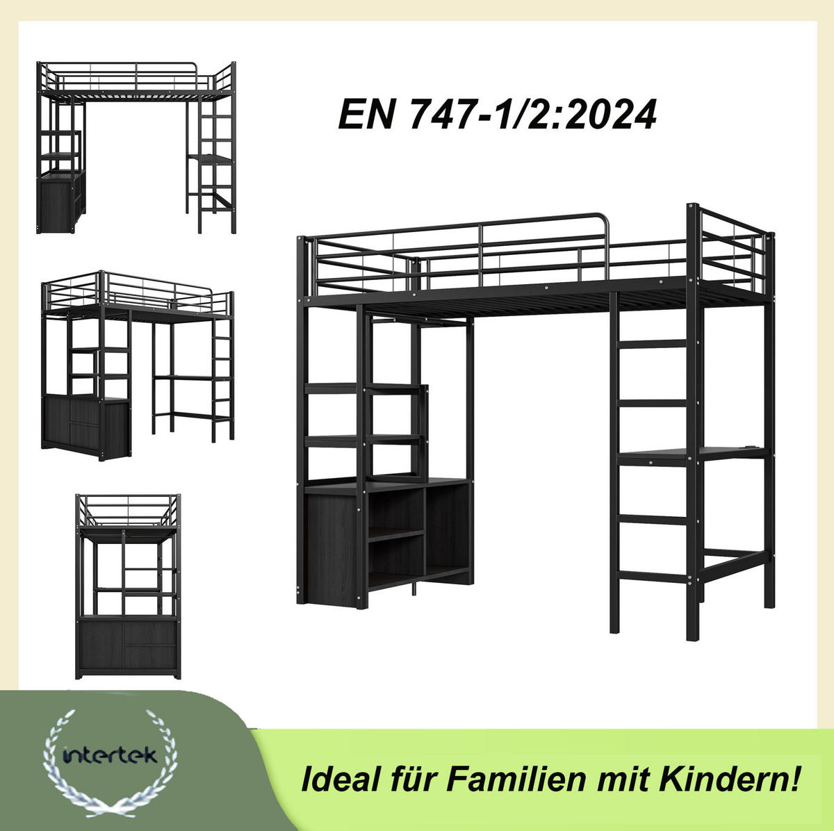 HOCHBETT 90/200 cm aus Metall mit Schreibtisch, Regalen und USB-Anschluss - Schwarz, Metall (90/200cm) - Flora Grace