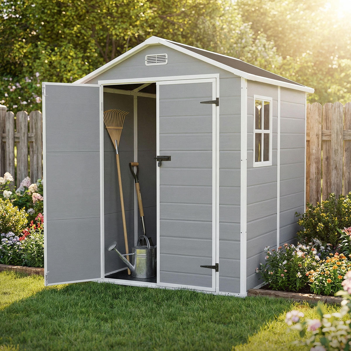 ZAHRADNÍ DOMEK z plastu s podlahou 5 m³ 151 x 182 x 220 cm světle šedý - světle šedá, plast (182/220/151cm) - ECD-Germany
